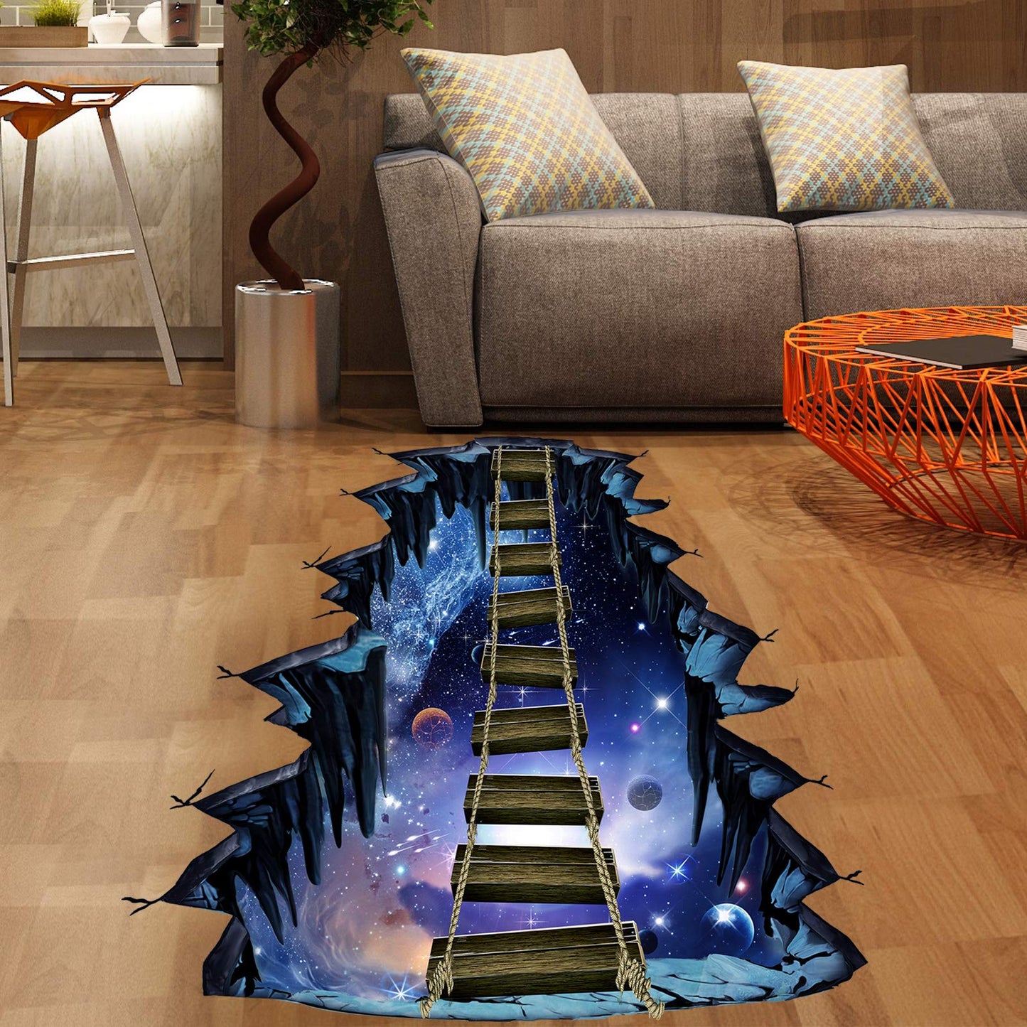 RW-82002 3D Floor Stickers Galaxy Interstellar Space Suspension Bridge Floor Stickers Removable Illusion Waterproof Floor Wall Decor for Kids Bedroom Living Room Nursery Home Decoration