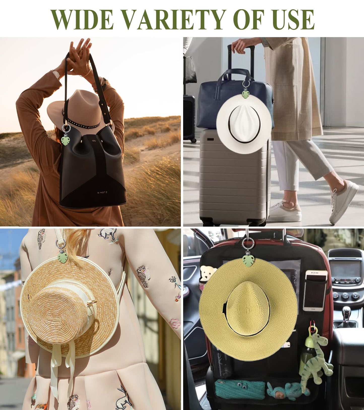 Pince à chapeau YATOISUR - Porte-chapeau pour voyage sur sac - Pince à chapeau mains libres en silicone pour sac à main et bagages - Protège le chapeau des chutes (feuille verte 1 paquet)