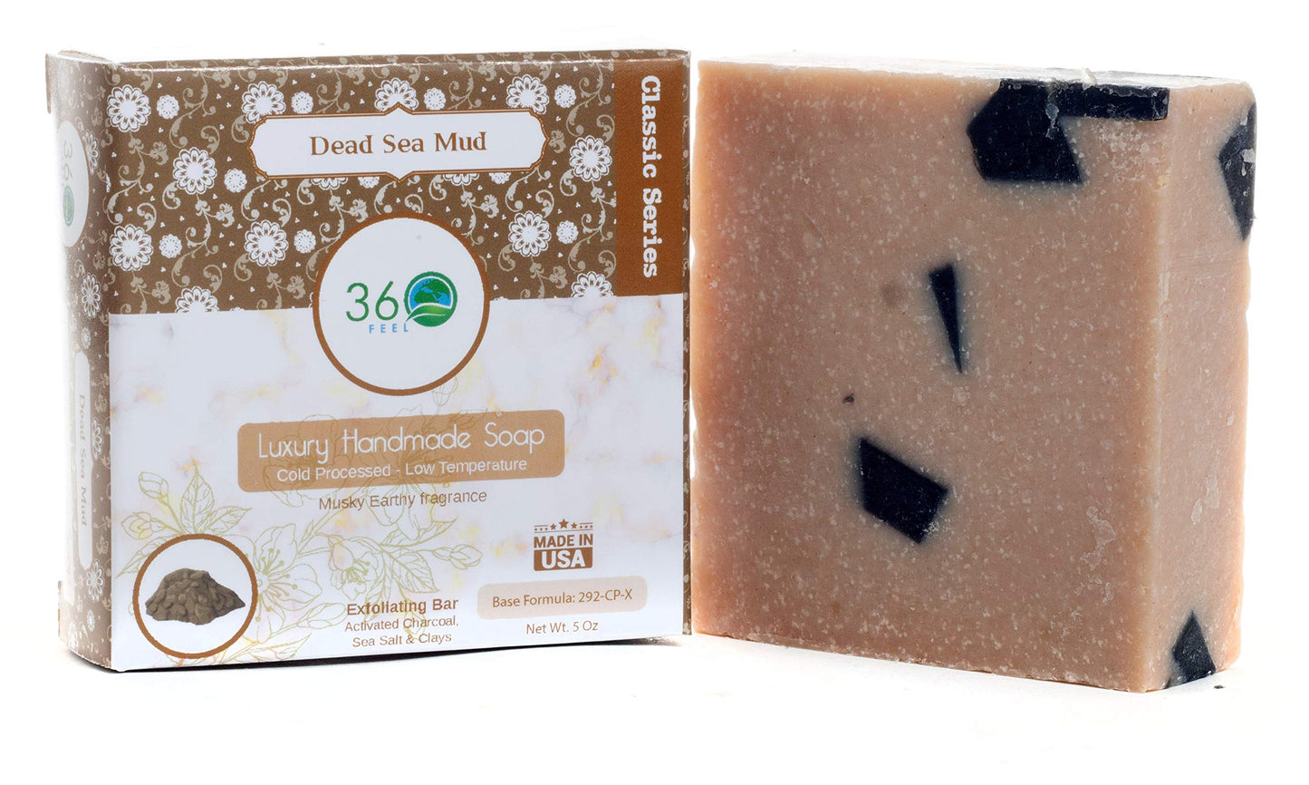 360Feel Dead Sea Mud Soap -5oz Castile Handmade Soap bar -Activated Charcoal, Sea Salt, Clay Exfoliant- Essential Oil Natural Soaps- Anniversary Wedding Gifts- Gift ready