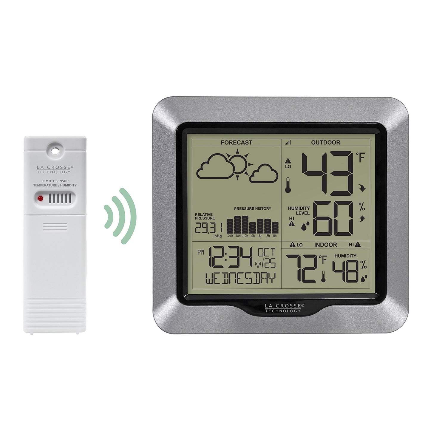 Estación meteorológica inalámbrica avanzada de La Crosse Technology: íconos dinámicos, presión barométrica, hora atómica, indicador de temperatura y humedad, grabación, pantalla elegante, recepción rápida y largo alcance (330 pies)