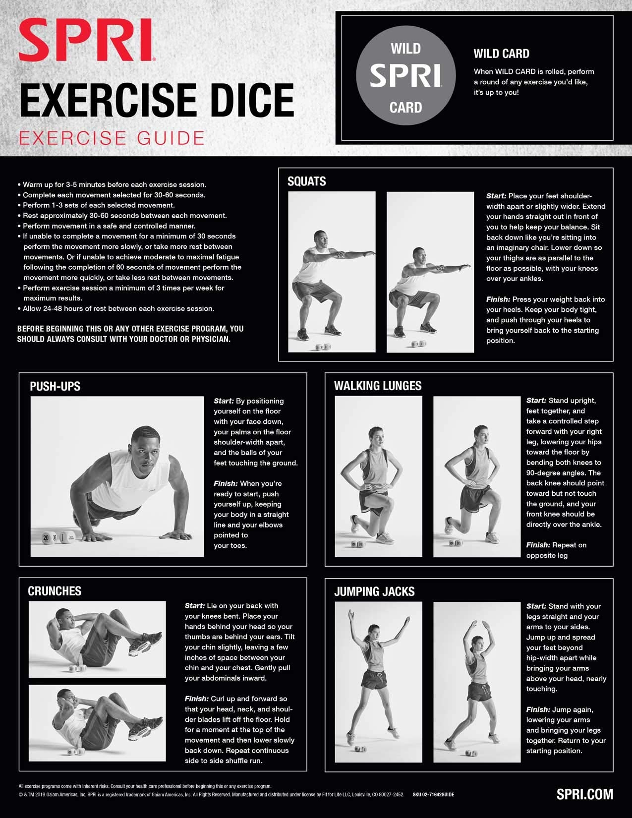 Dés d'exercice SPRI (6 faces) - Jeu pour cours de fitness et d'exercices en groupe - Comprend des pompes, des squats, des fentes, des sauts avec écart, des abdominaux et des jokers (sac de transport inclus)