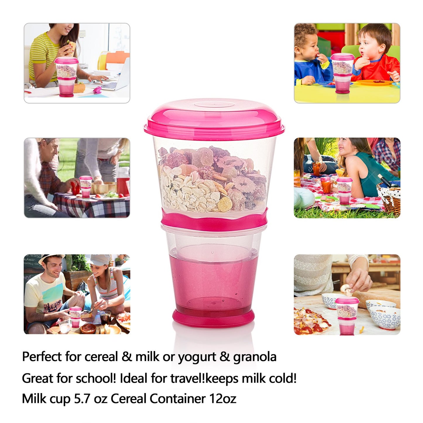 Cereal On the Go Cups Breakfast Drink Cups Portable Yogurt and Cereal To-Go Container Cup (Rose Red)