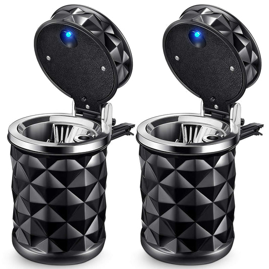 Lot de 2 porte-gobelets de voiture avec couvercle, cylindre de voiture portable avec lumière LED bleue, support de cylindre, cadeau de Noël, Nouvel An, mini poubelle de voiture pour la plupart des porte-gobelets de voiture (noir)