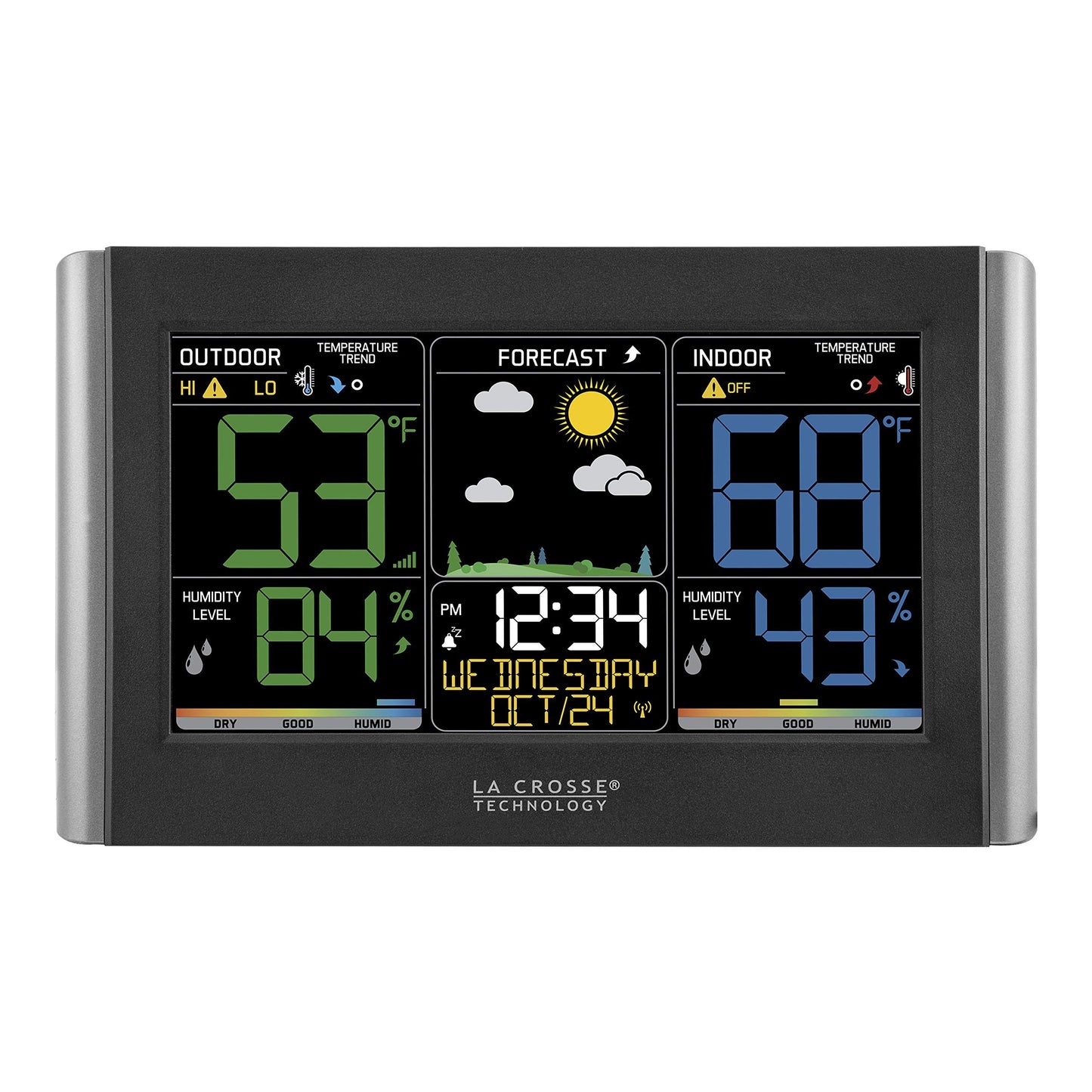 Station météo La Crosse Technology avec alertes personnalisables, prévisions météo, température, point de rosée, humidité, heure, indice de chaleur, grand écran, luminosité réglable, sans fil, noir, C85845-INT