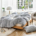 Plush Shaggy Duvet Cover Set 3 Pieces Aesthetic Fluffy Comforter Cover Set Ultra Soft Crystal Velvet（1 Faux Fur Comforter Cover + 2 Faux Fur Pillowcases）,Zipper Closure(Queen，Light Grey)