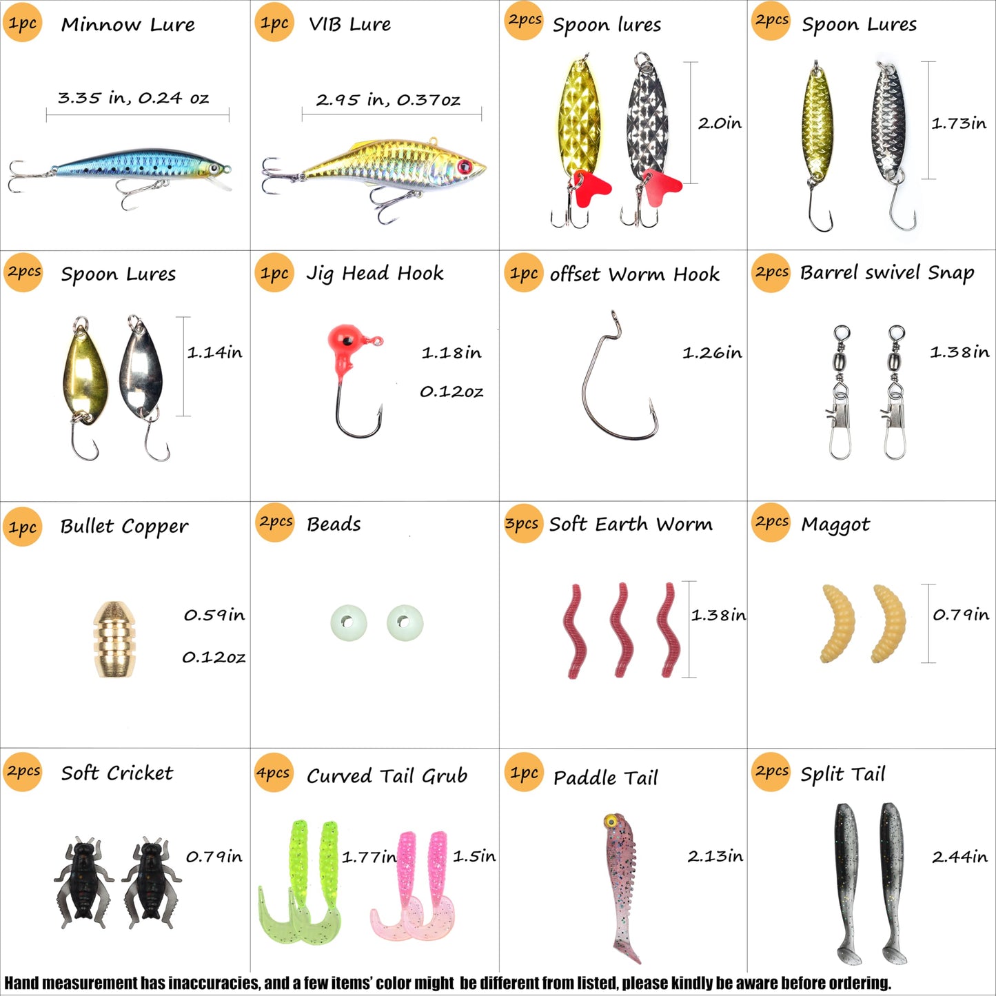 EXAURAFELIS - Kit de 29 señuelos para pesca en agua salada, kit de aparejos de cebo para lubina, accesorios de pesca de trucha y salmón, caja de aparejos que incluye señuelos de cuchara, gusanos de plástico blando, crankbait, anzuelos de pesca