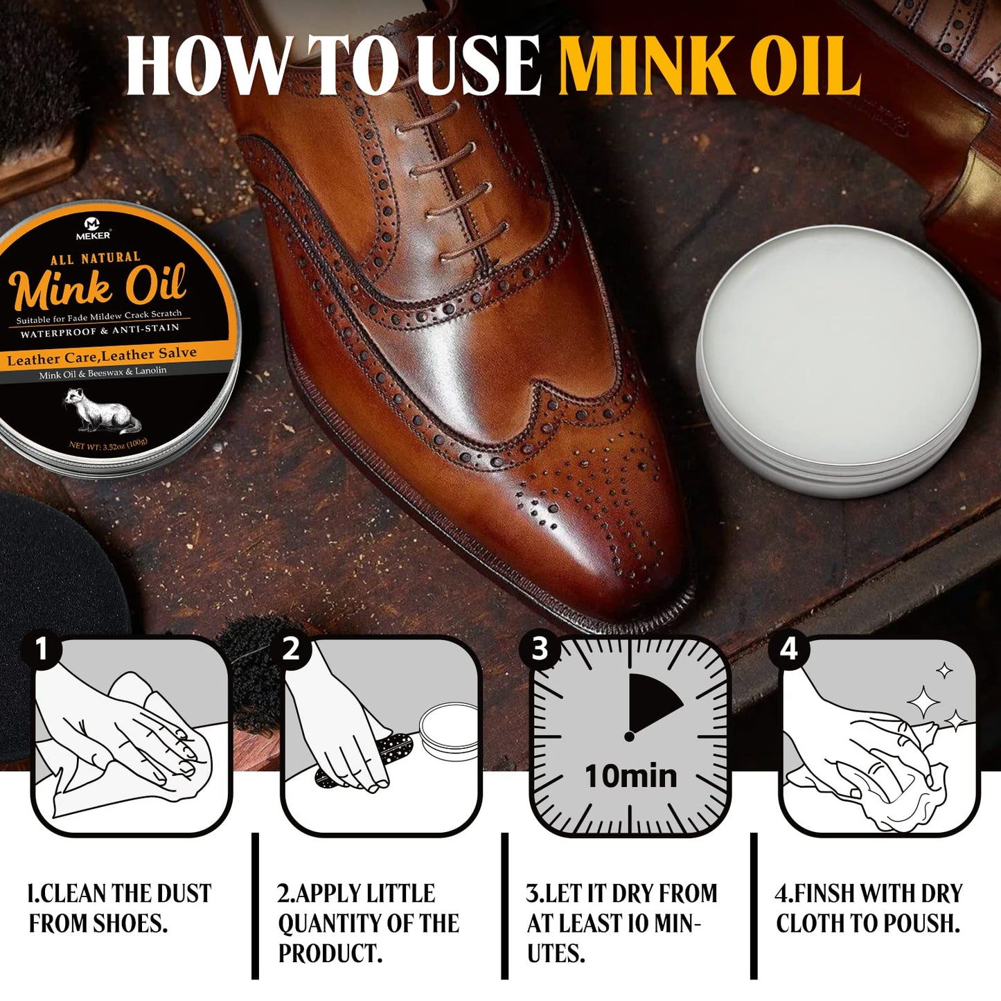 MEKER Mink Oil for Leather Boots, Leather Conditioner and Cleaner 3.52 oz-All-Natural Waterproof Soften and Restore Shoes