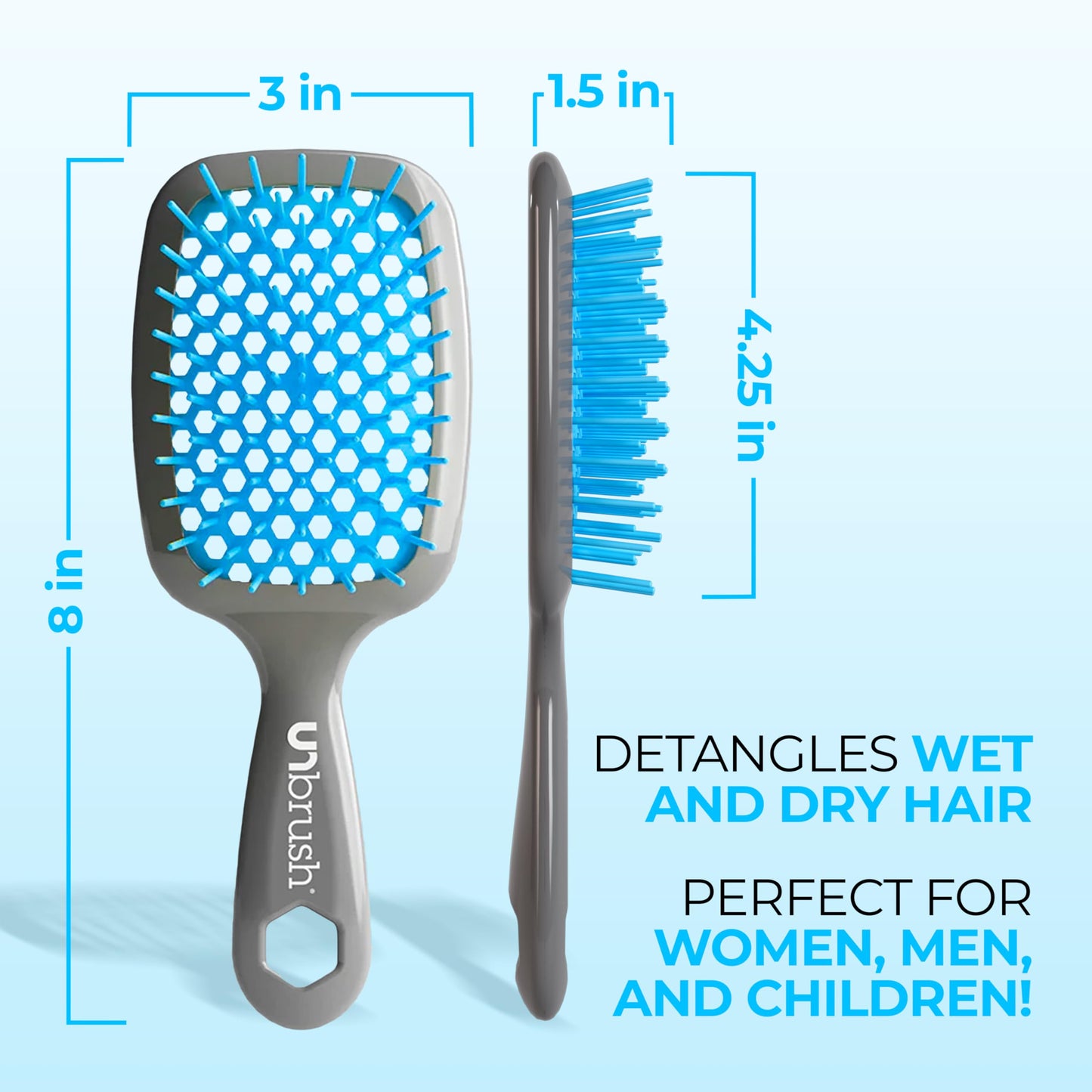 FHI Heat UNbrush Detangling Brush for Pain-Free Brushing on All Wet or Dry Hair Types — Durable DuoFlex Anti-Static Bristles, Lightweight Handle, Vented Hair Brush, Light Blue/Grey