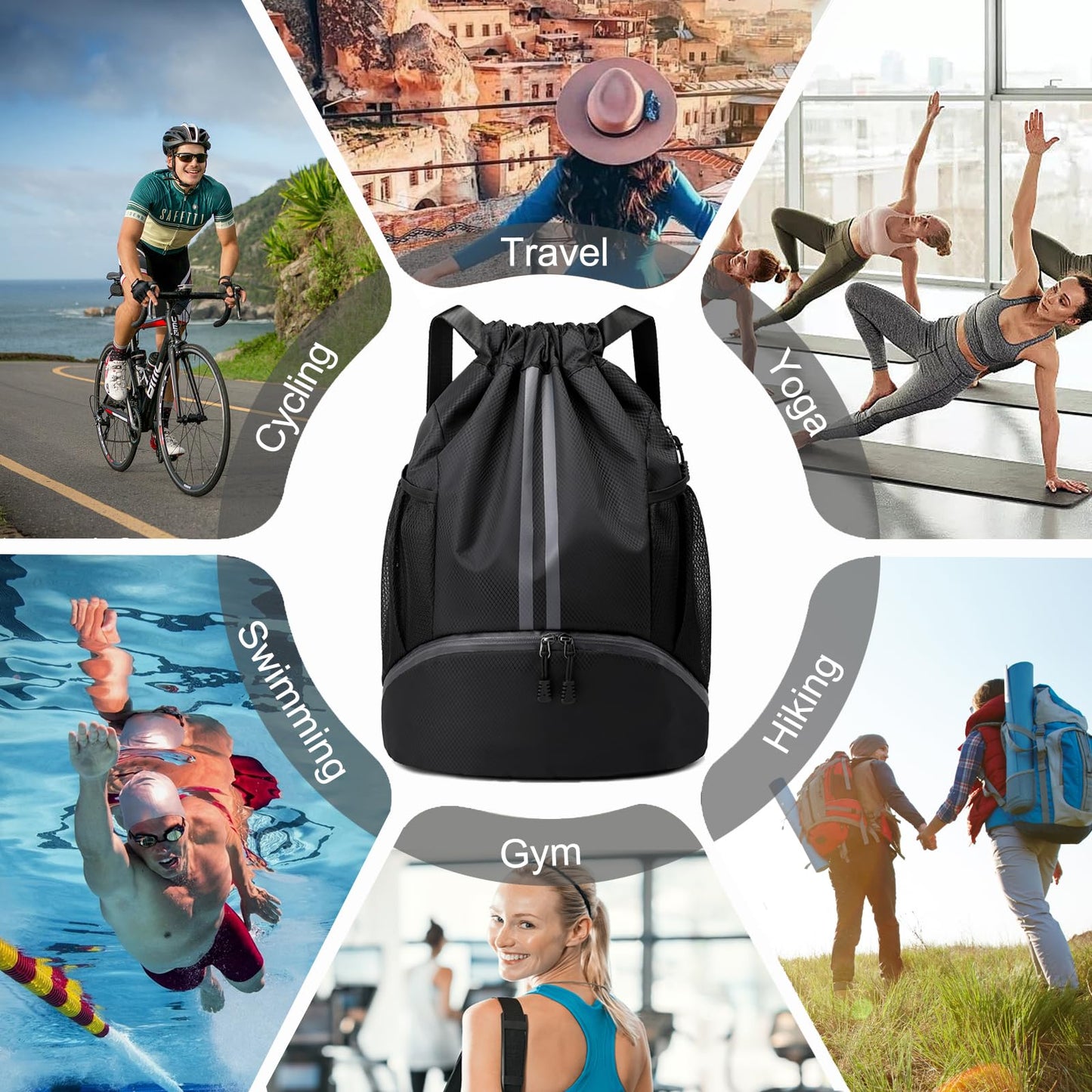 Sac à dos de sport à cordon Hoedia - Sac de sport de natation à cordon avec compartiment à chaussures et poche étanche pour femmes et hommes