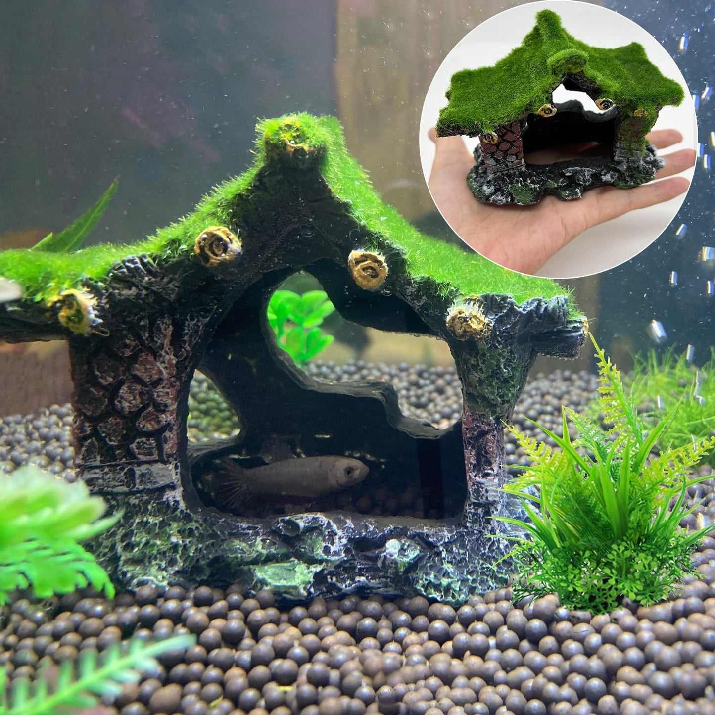 Aquarium Decoration House Resin Hollow Hideout House, Betta Fish Hide Accessories Cave Ornament Tank Small Fish Hideaway with Moss