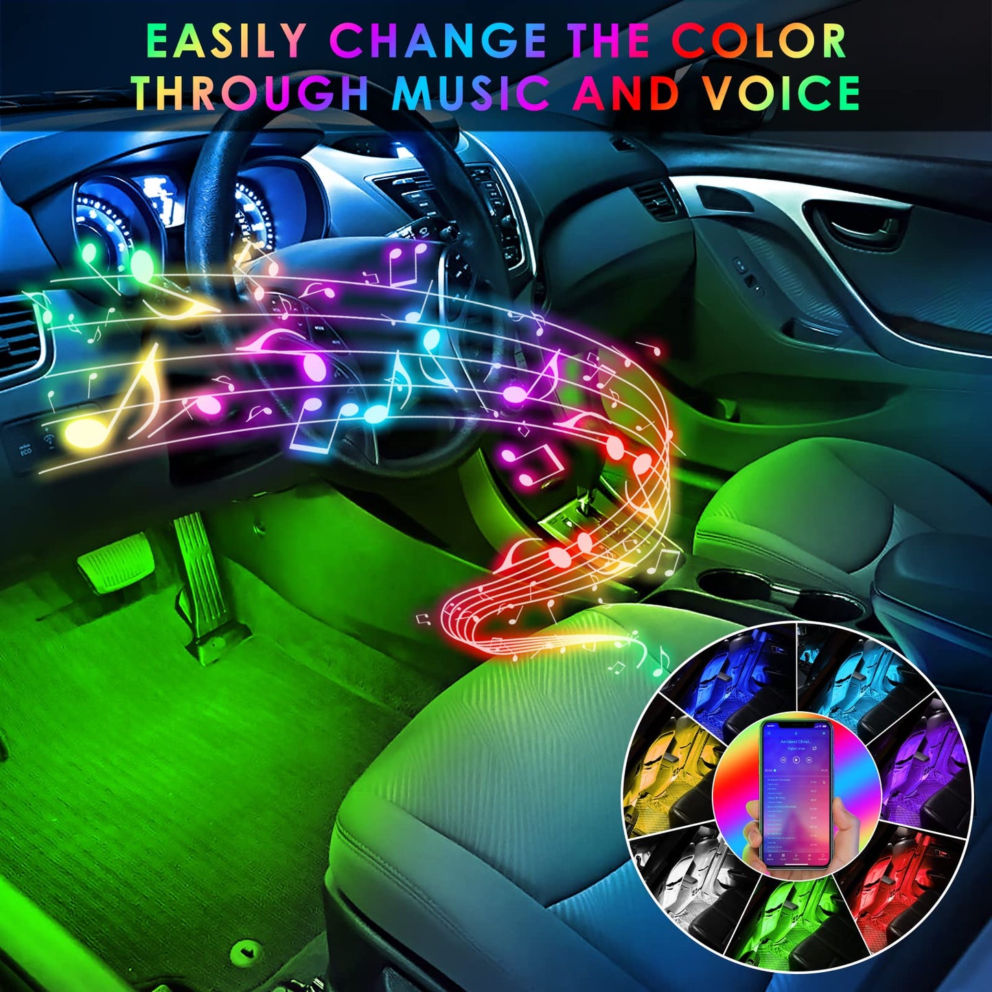 Interior Car Lights, Abnija Car LED Strip Light 48 LED DIY 16 Million Colors Microphone App Control Smart Phone Music Sync RGB Under Dash Waterproof Car Lighting Kit with Car Charger, USB DC 12V