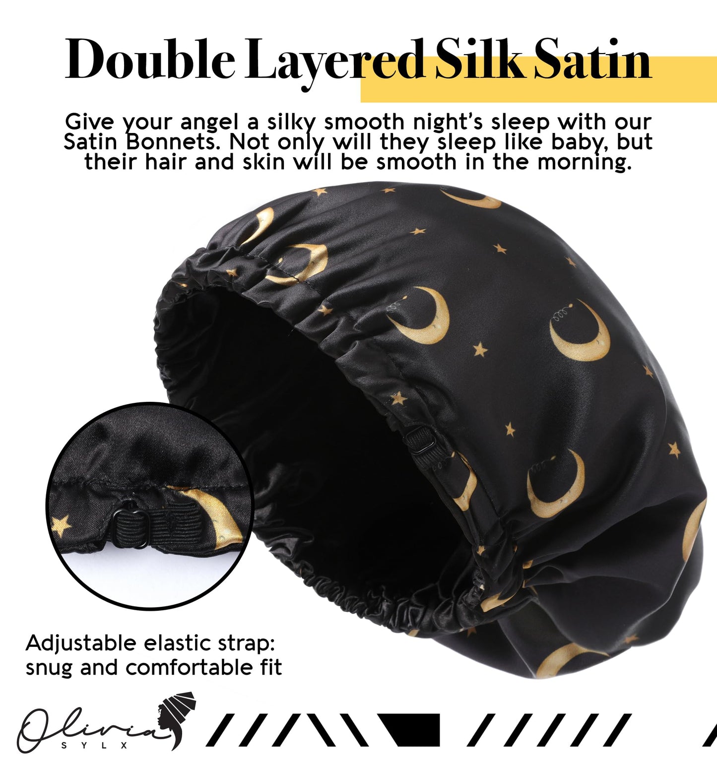 Olivia Sylx - Satin Bonnet & Toddler Silk Bonnet - Sleep Cap & Kids Bonnet for Girls, Hair Cover for Sleeping - Satin Sleep Cap, Adjustable (Gold Moon/Black, 0-3 Year)