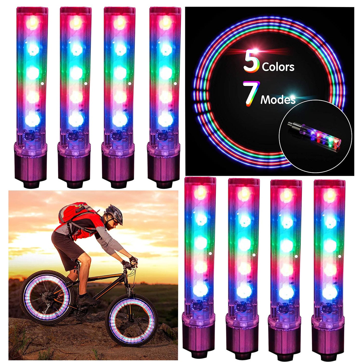 R REIFENG 8 Pcs 5 LED Bike Tyre Tire Wheel Valve Lamp Flashing Bicycle Wheel Light Bike Wheel Cap Lights Bike Spokes Lights Night Cycling Safety Warning