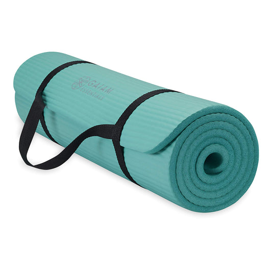 Esterilla de yoga gruesa Gaiam Essentials para ejercicios y fitness con correa de transporte fácil de ajustar, color verde azulado, 72" de largo x 24" de ancho x 2/5 de pulgada de grosor