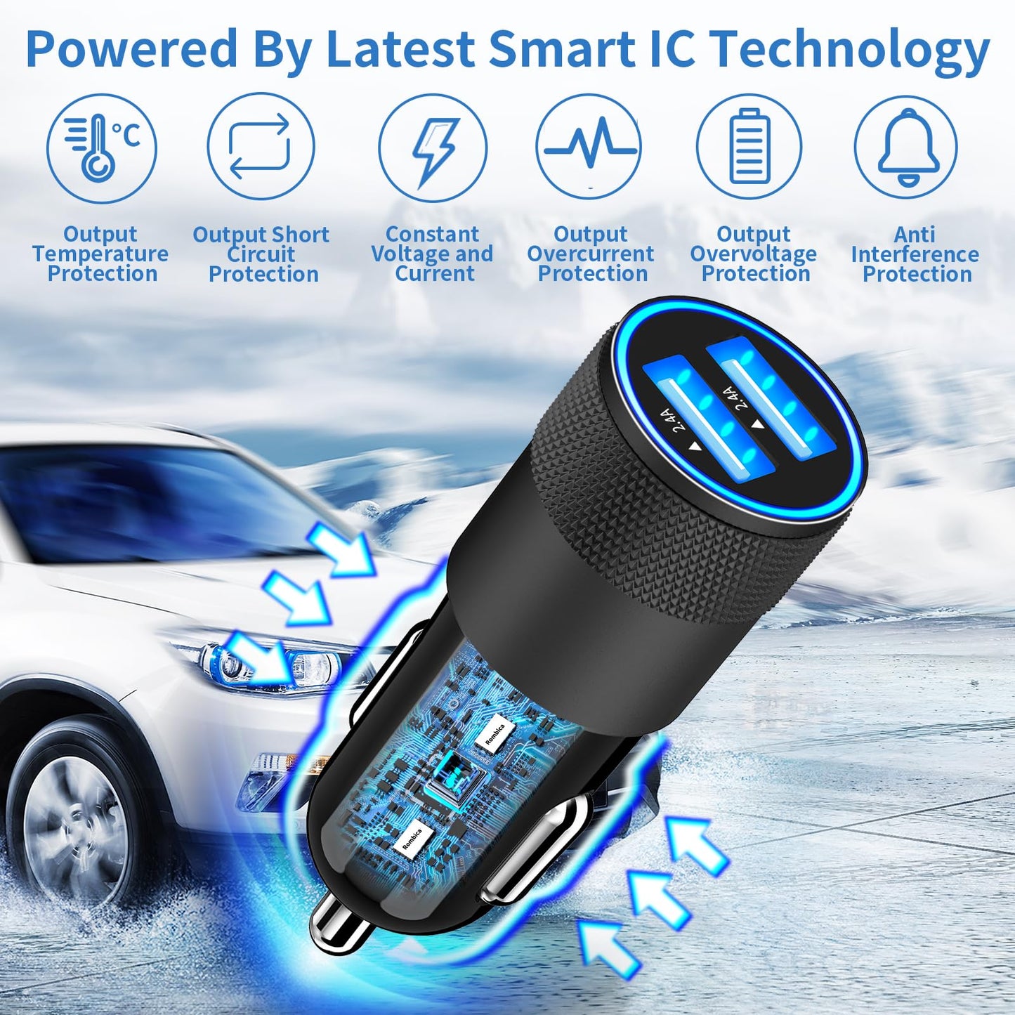 【Certifié MFi】Chargeur de voiture rapide pour iPhone, Rombica 4,8 A double USB Smart Power Chargeur de voiture USB pour allume-cigare + 2 câbles tressés Lightning vers USB pour iPhone 14 13 12 11 Pro/XS Max/Mini/XR/SE/X/8/iPad