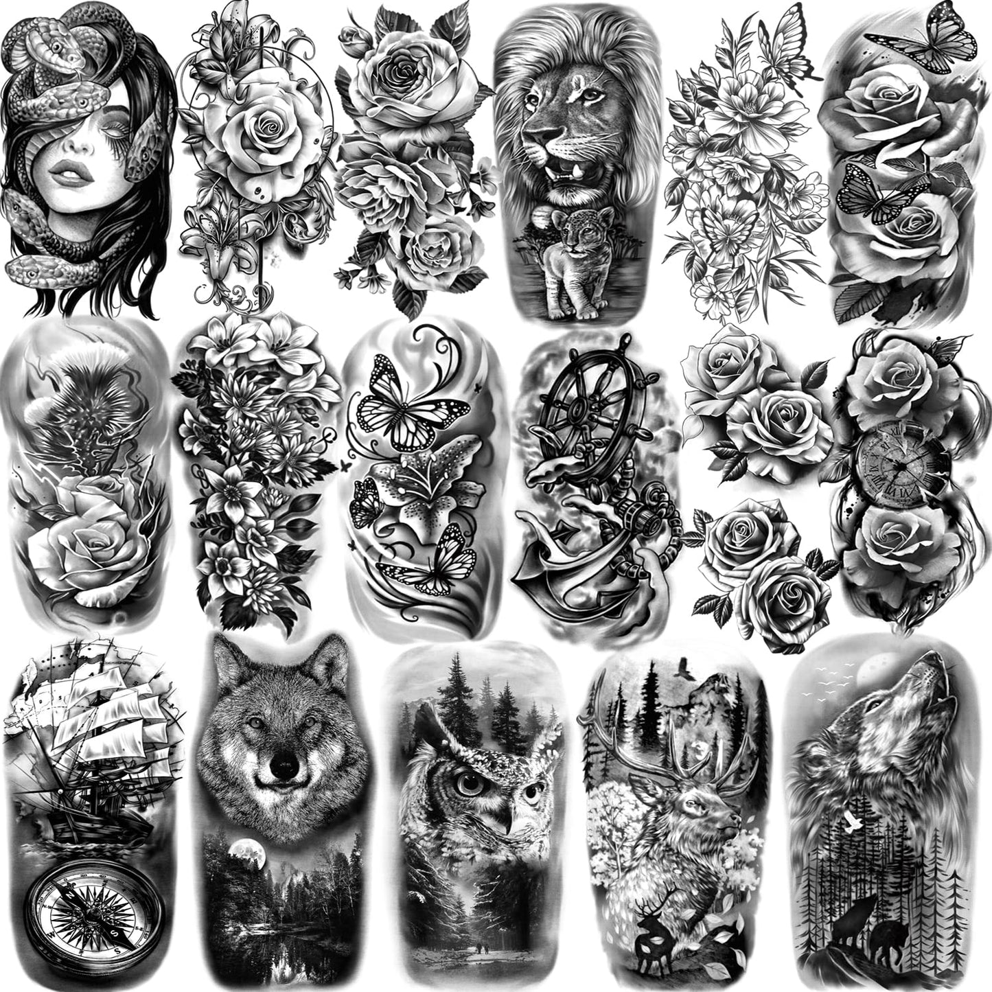 77 feuilles de tatouage temporaire, demi-bras réaliste lion loup hibou élan serpent papillon rose faux tatouages ​​pour filles garçons, tatouages ​​temporaires imperméables pour femmes hommes adultes poitrine épaule cou main