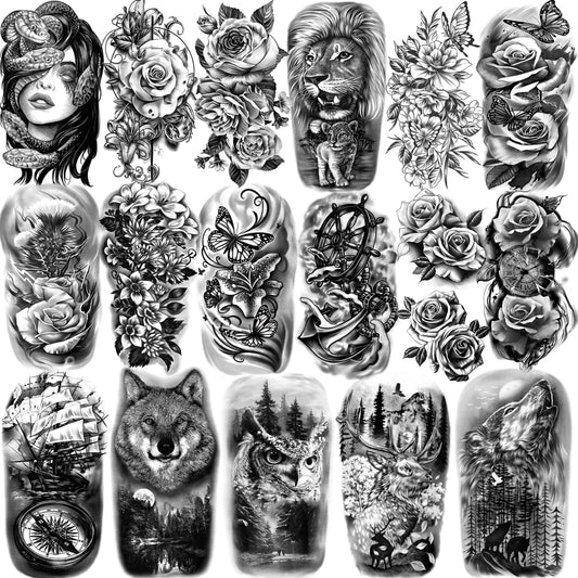 77 Sheets Temporary Tattoo, Half Arm Realistic Lion Wolf Owl Elk Snake Butterfly Rose Fake Tattoos for Girls Boys, Waterproof Temporary Tattoos for Women Men Adults Chest Shoulder Neck Hand