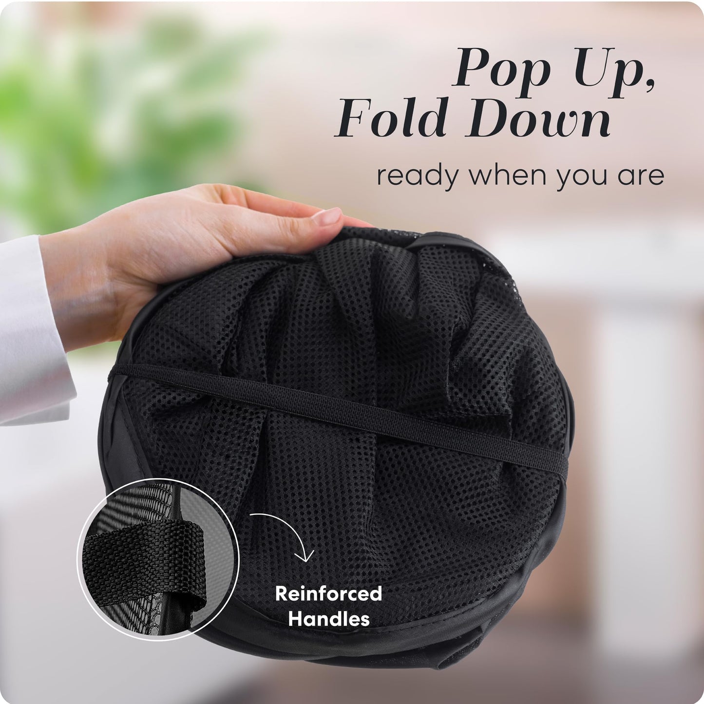 Práctico cesto de malla plegable para ropa sucia con abertura amplia y bolsillo lateral: diseño transpirable, resistente, plegable y que ahorra espacio para guardar ropa. (Negro)