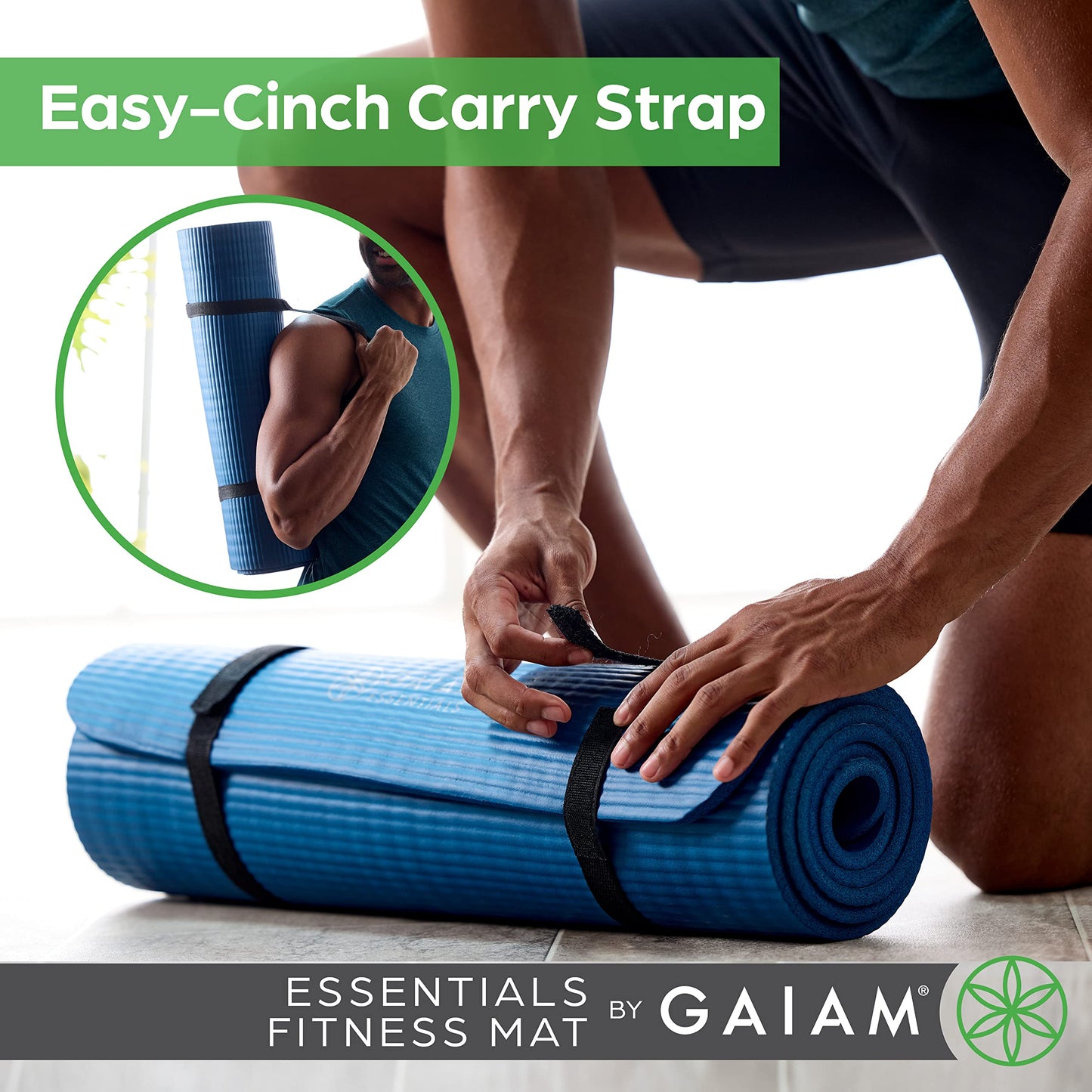 Esterilla de yoga gruesa Gaiam Essentials para ejercicios y fitness con correa de transporte fácil de ajustar, color verde azulado, 72" de largo x 24" de ancho x 2/5 de pulgada de grosor