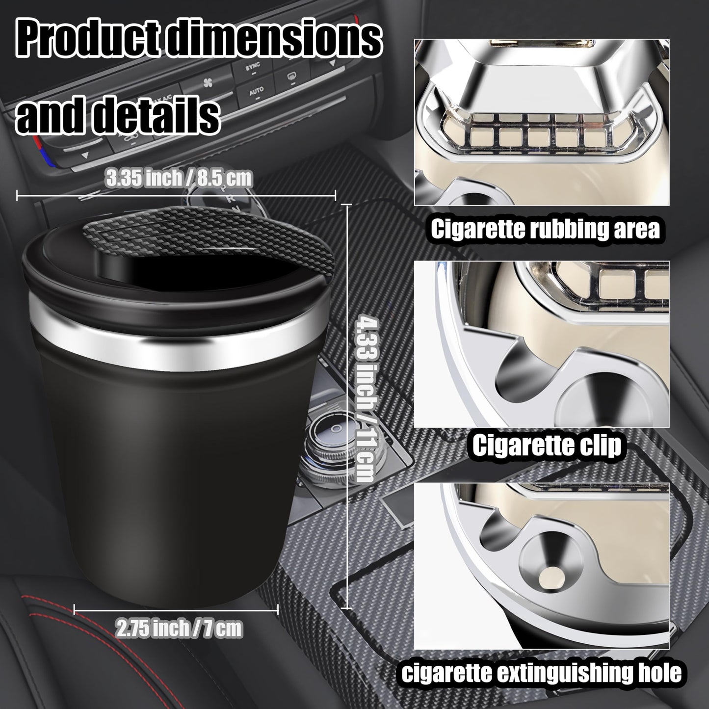 Car Ashtray with Lid Smell Proof,Smokeless Ashtray for Car with Carbon Fiber Pattern,Portable Ash Tray Ceramic Inner Wall with LED Car Accessories Ashtrays for Travel, RV,Outdoor,Home (Black)