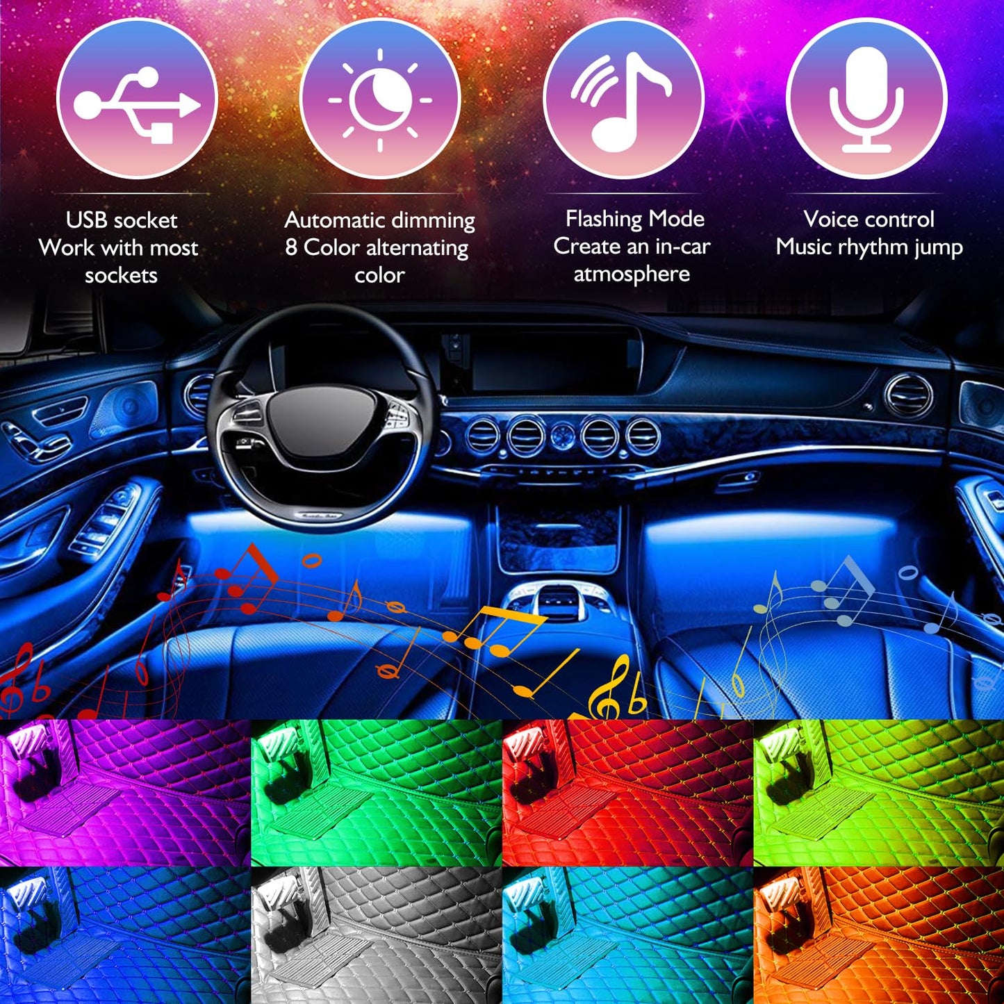 Bande lumineuse LED de Noël pour voiture, 4 pièces, 48 ​​lumières intérieures à LED, bande lumineuse musicale multicolore pour voiture, kit d'éclairage sous le tableau de bord avec fonction sonore active et télécommande, DC 5 V