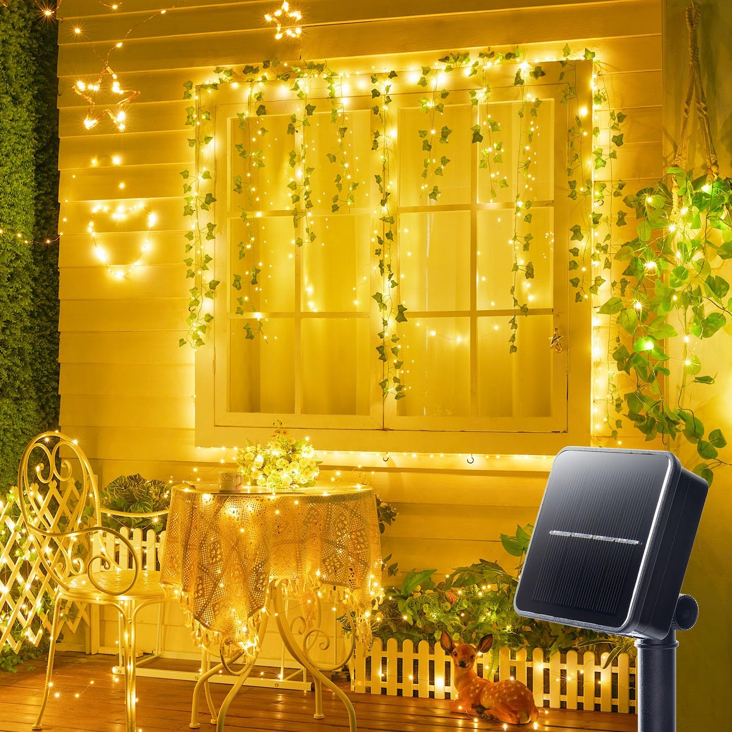 Minetom Guirlande lumineuse solaire d'extérieur, 10 m, 100 LED, 8 modes, éclairage de balcon pour arbre, terrasse, fête de Noël, décoration de mariage (blanc chaud)