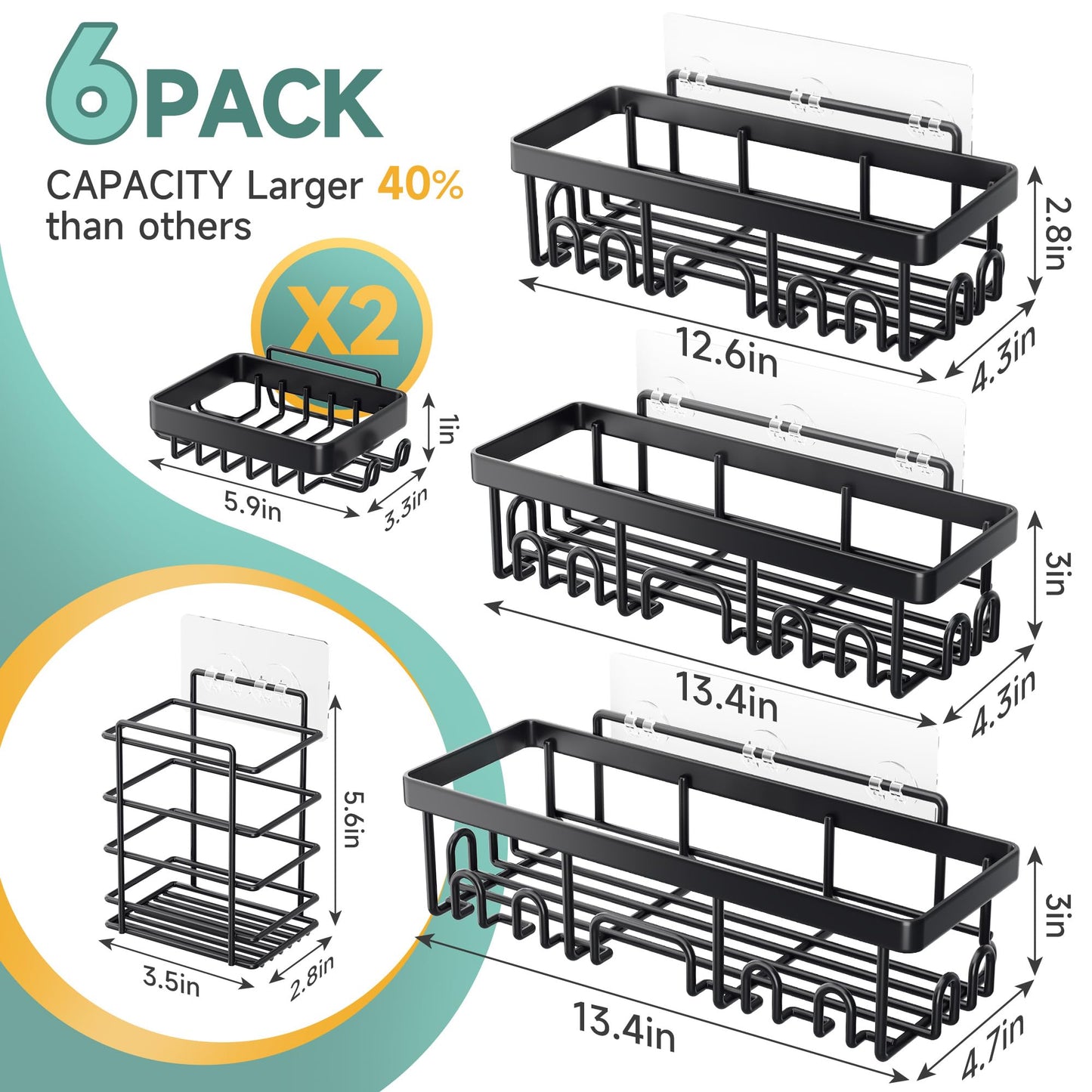 Veken Adhesive Shower Caddy 6-Pack, Large Capacity Bathroom Organizers and Storage, Rustproof Shelves Rack with Soap Holder, No Drilling Wall-Mounted Kitchen & Home Decor, Bath Decor&Essentials, Black