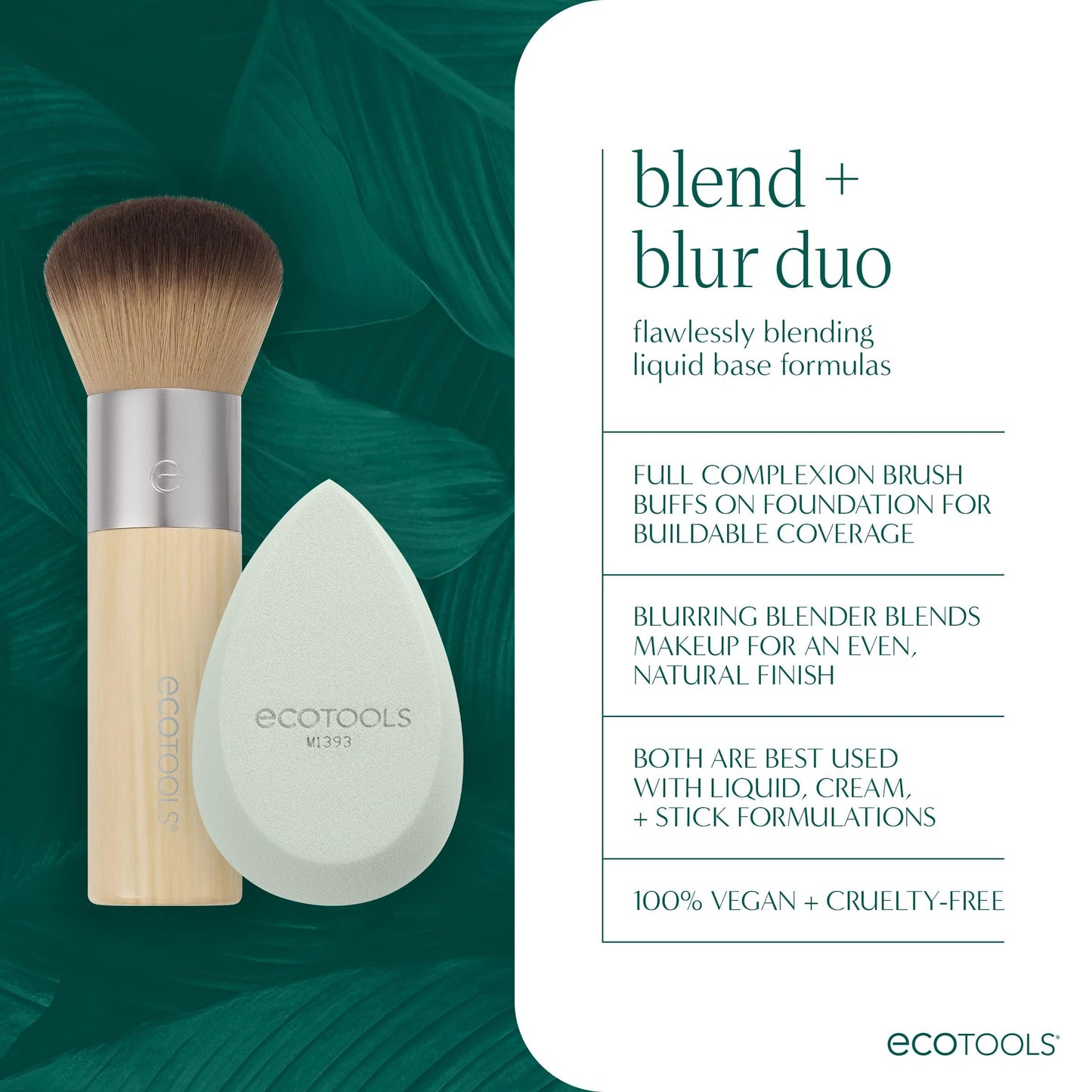 EcoTools Blend + Blur Makeup Brush and Sponge Duo, Makeup Blender Sponge & Foundation Brush, For Liquid & Cream Makeup, Cloud Skin, Eco Friendly, Latex-Free, Cruelty Free, & Vegan, 2 Piece Set