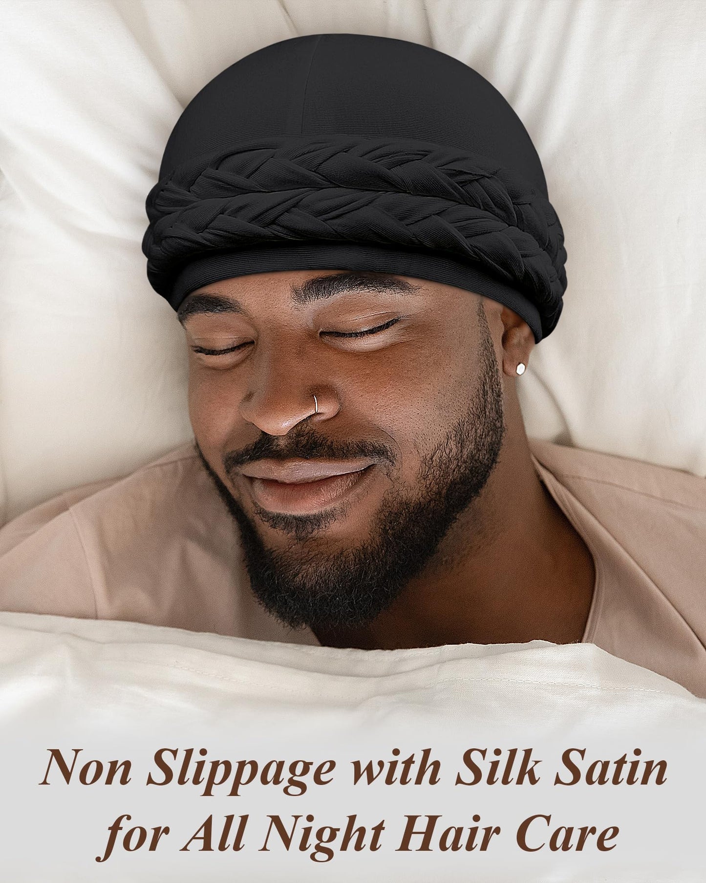 Ababalaya Silky Satin Lined Turban for Women Mens Halo Turban PRE-Tied Beanie Hats Silky Lined Durag for Waves Sleeping Bonnet Sleep Cap, Black