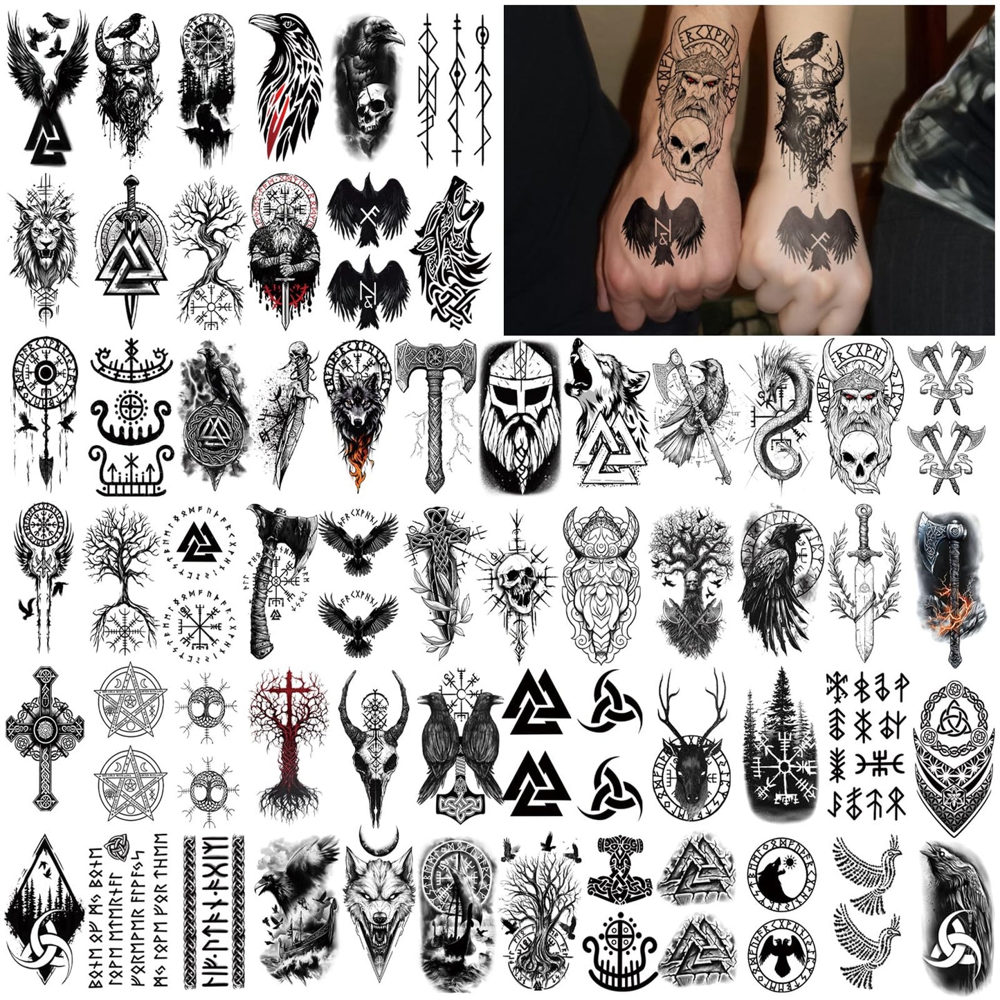 Viking Temporary Tattoos for Adults, 77 Sheets Viking Pirate Fake Tattoos for Men and Women, Black Large Tattoo Stickers for Body Makeup