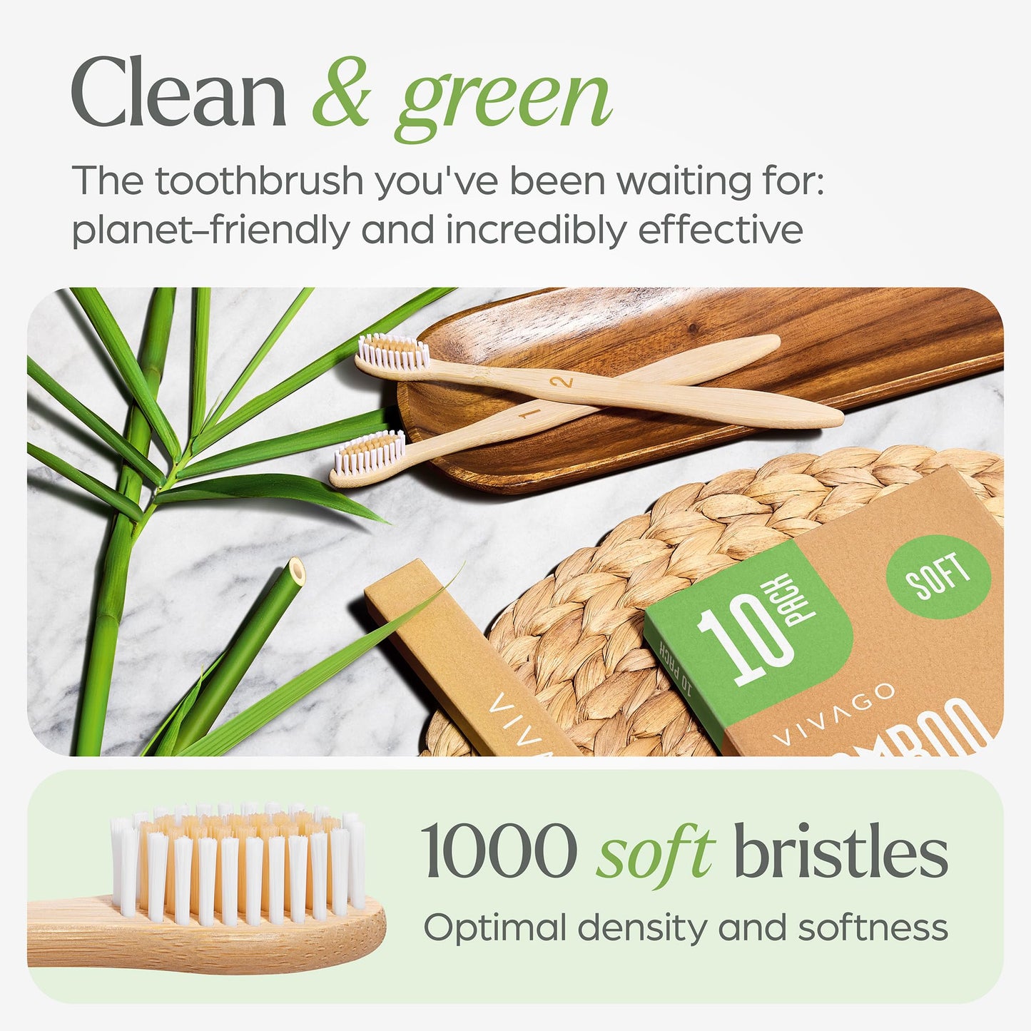 VIVAGO Biodegradable Bamboo Toothbrushes 10 Pack - BPA Free Soft Bristles Toothbrushes, Eco-Friendly, Compostable Natural Wooden Toothbrush