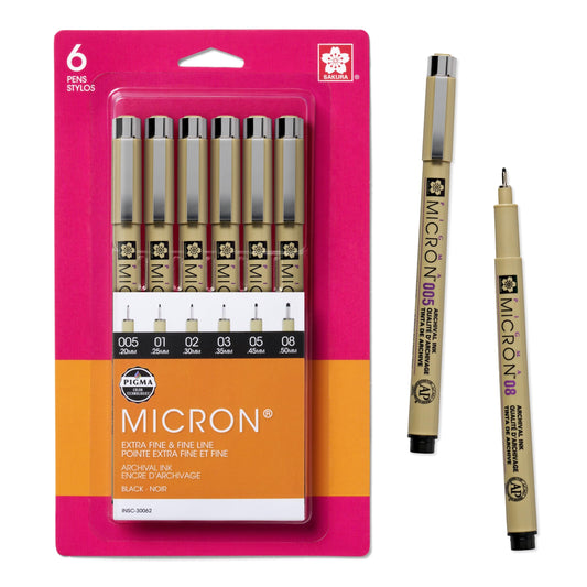 Bolígrafos de punta fina SAKURA Pigma Micron: bolígrafos de tinta negra de archivo, bolígrafos para escribir o dibujar, regalos navideños para artistas, artesanos y proyectos de regalos de bricolaje, tamaños de punta variados, 6 unidades