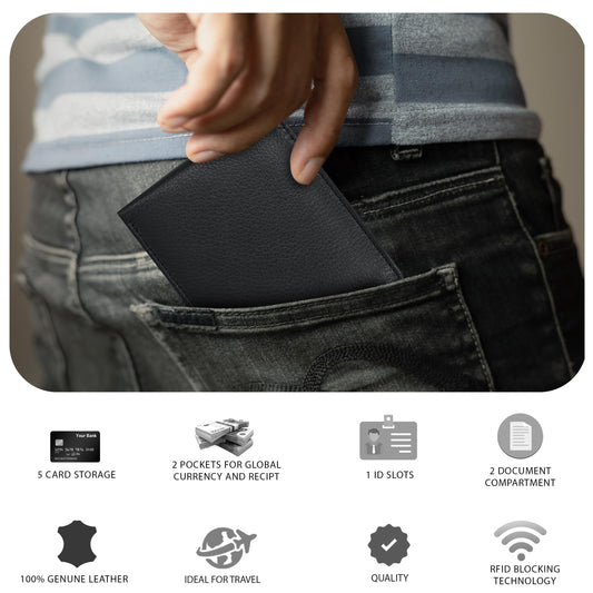 Cartera de cuero delgada para hombres - Carteras RFID con 6 tarjeteros ultradelgadas, regalo para hombres, diseño minimalista con bolsillo frontal (negro napa)