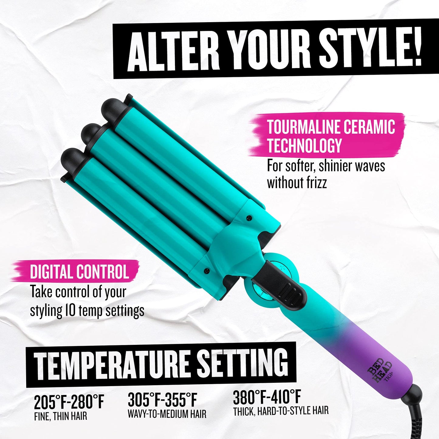 Bed Head Wave Affair Jumbo 3 Barrel Hair Waver | Quick Styling, Serious Hold, & Less Heat Damage | Heat Protectant Glove Included for Easy, Custom Styling