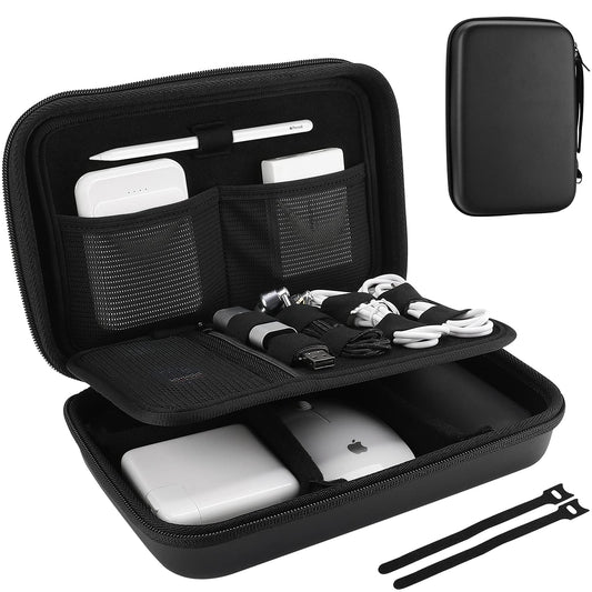 ProCase Étui de voyage rigide pour MacBook Adaptateur secteur Chargeurs Câbles Batterie externe Apple Magic Mouse Apple Pencil Clé USB Carte SD Petit sac d'accessoires portable - L, noir