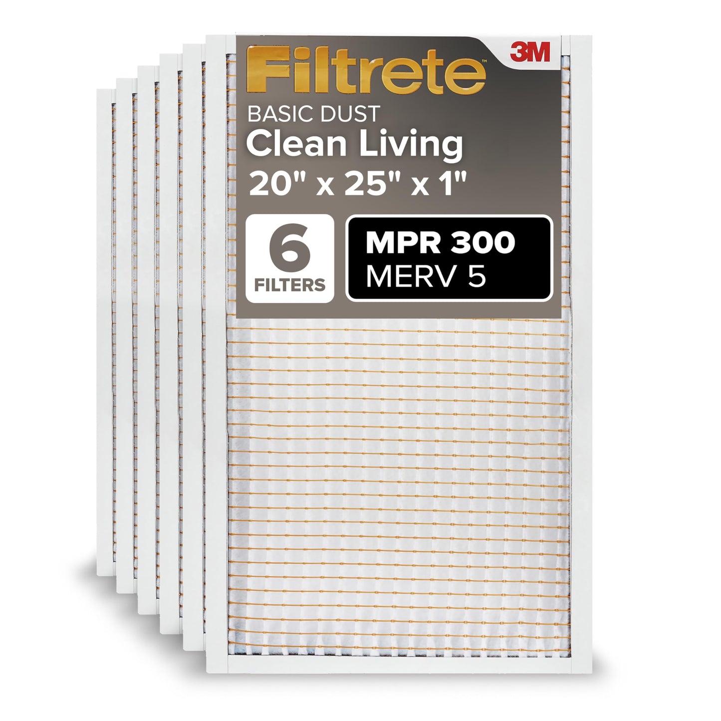 Filtrete 20x25x1 AC Furnace Air Filter, MERV 5, MPR 300, Capture Unwanted Particles, 3-Month Pleated 1-Inch Electrostatic Air Cleaning Filter, 6-Pack (Actual Size19.69x24.69x0.81 in)