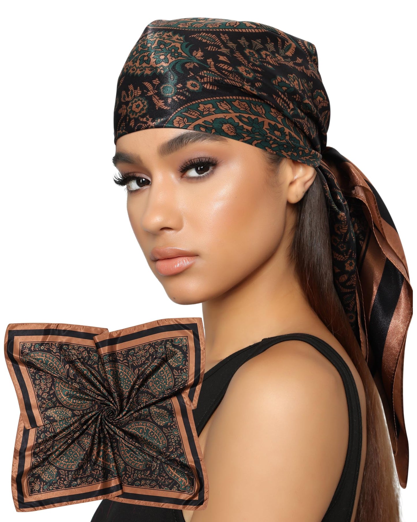 AWAYTR 35” Satin Head Scarf for Women Like Silk Scarf for Hair Scarf Satin Hair Bandana Women Headscarf Hair Wrap Scarf Neck (Coffee)