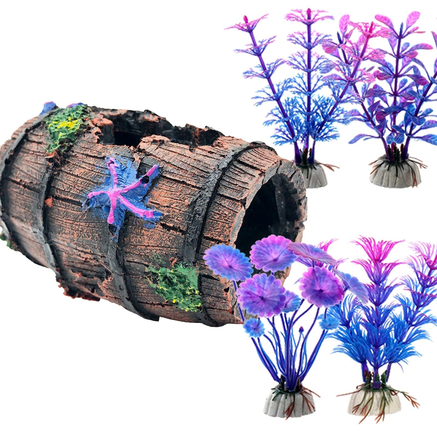 Faeshoo Décoration d'aquarium pour poissons Betta Accessoires de décoration pour aquarium, tonneau en étoile de mer x 1 pièce, plantes aquatiques x 4 pièces