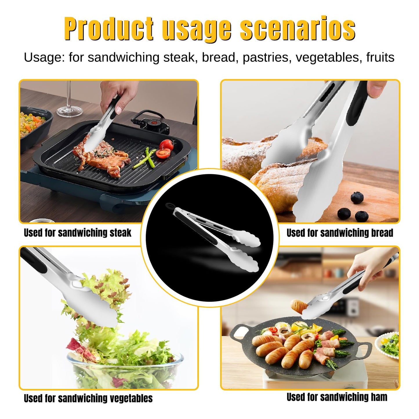 LaoChoes Kitchen Tongs, Stainless Steel Tongs, Non-Slip Handle Tongs, Cooking Tongs Utensils Dishwasher Safe, Perfect for Food,Salad and BBQ set of 2 (7" and 9")