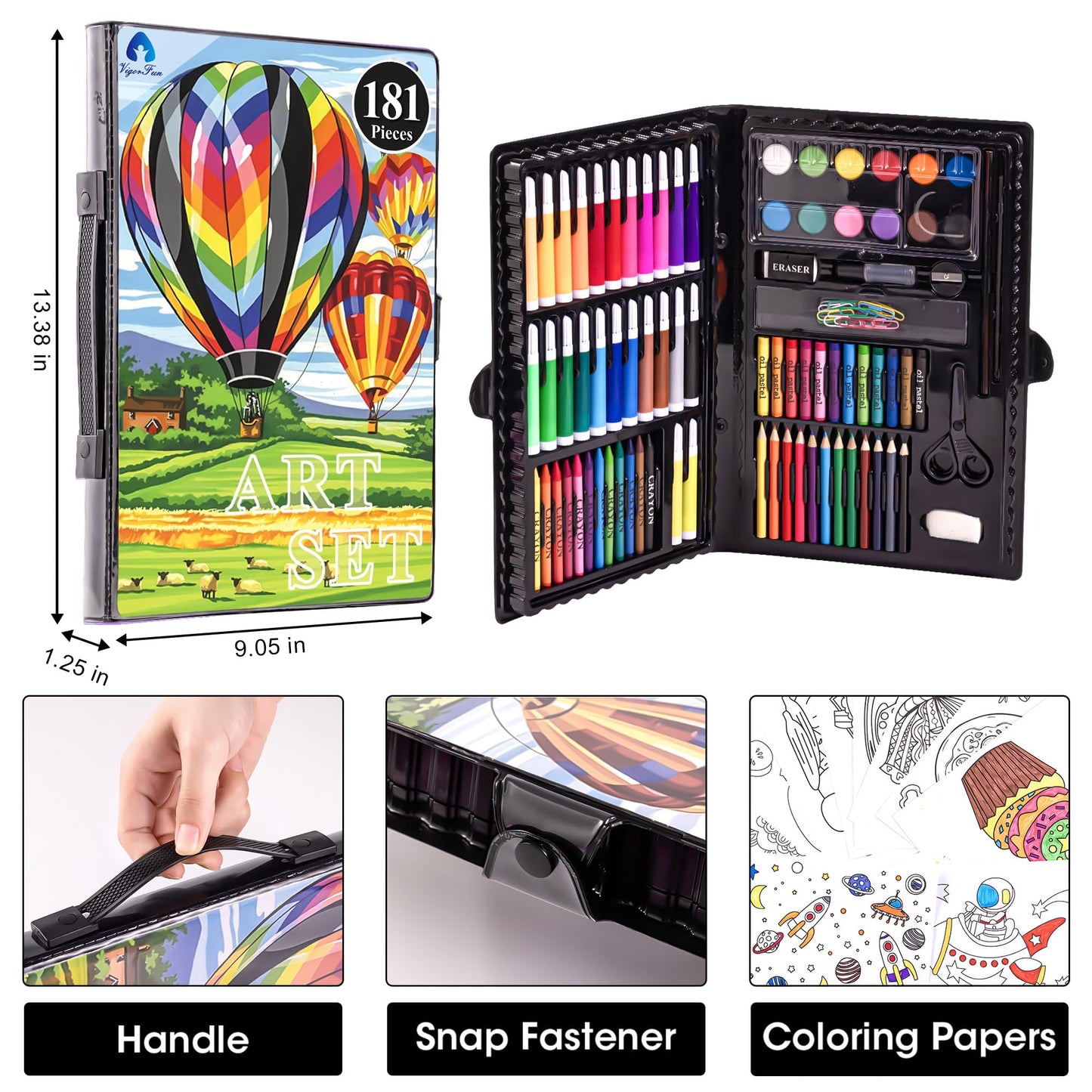 Art Set, VigorFun Art Supplies Drawing Painting Kit Includes Oil Pastels, Crayons, Colored Pencils, Watercolor Cakes, Gifts for Kids Girls Boys Teens (Black)