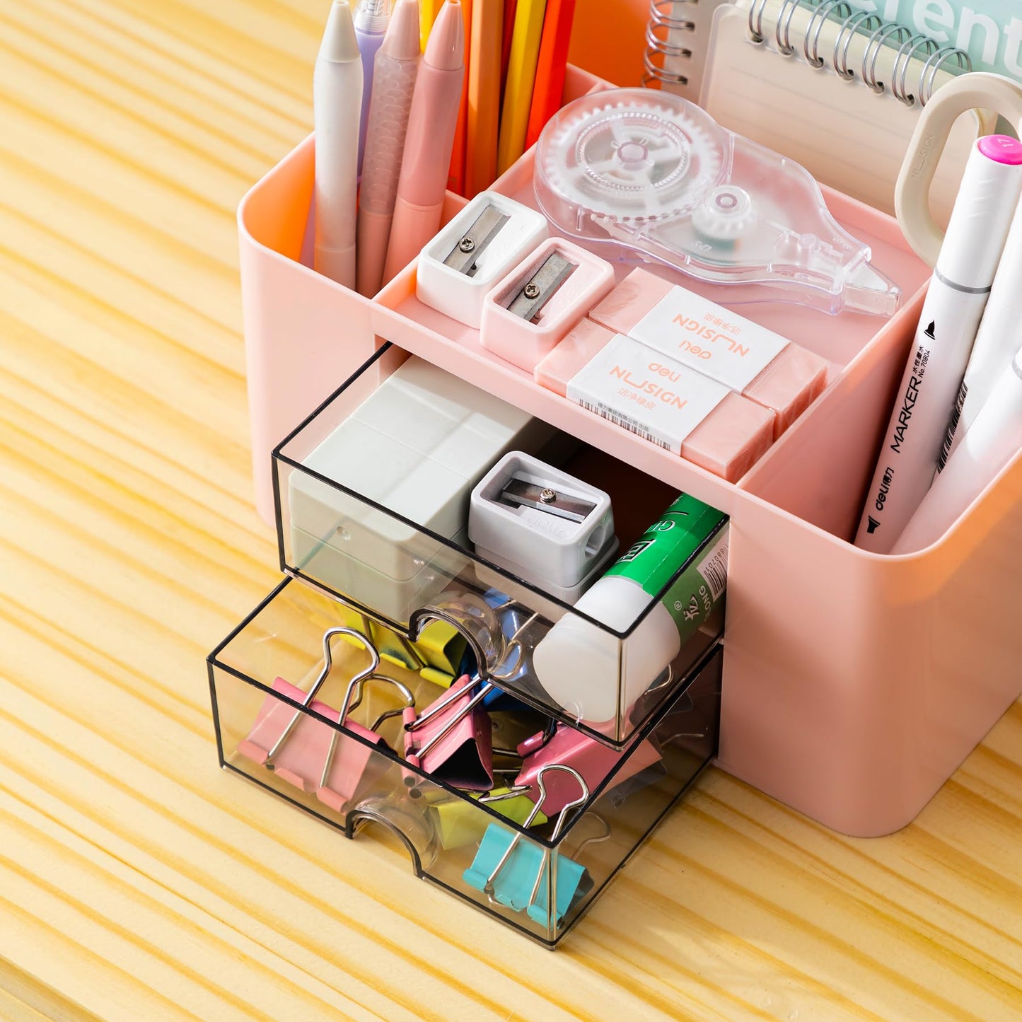 Organiseur de bureau Moikiwi avec 2 tiroirs, organisateur de fournitures de bureau pour bureau, accessoires de bureau mignons avec plastique, porte-stylo pour comptoir de bureau, rose