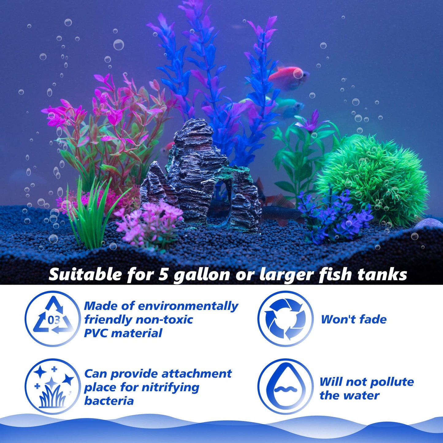 Ameliade Aquarium Decorations Fish Tank Artificial Plastic Plants & Cave Rock Decor Set, Goldfish Betta Fish Tank Accessories Small Large Fish Bowl Decorations