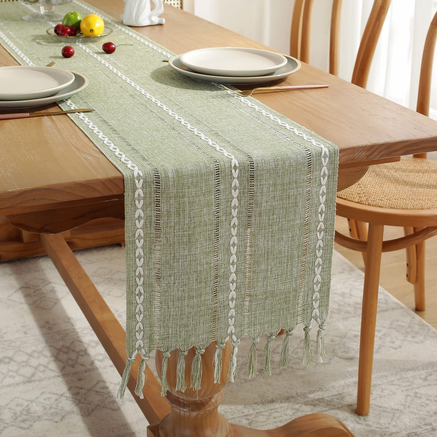 Wracra Rustic Hemstitch Table Runner, Linen Farmhouse Table Runners 72 Inches Long with Tassels for Dining Kitchen Coffee Table Decor, Party and Dresser Decor (Sage Green, 13"×72")