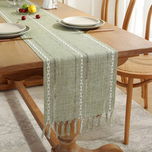 Wracra Rustic Hemstitch Table Runner, Linen Farmhouse Table Runners 72 Inches Long with Tassels for Dining Kitchen Coffee Table Decor, Party and Dresser Decor (Sage Green, 13"×72")