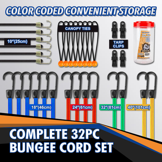 Cartman 32 Piece Bungee Cords Assortment Jar Includes 10" 18" 24" 32" 40" Bungee Cord with Hooks, 8" Canopy Tarp Ball Ties and Tarp Clips