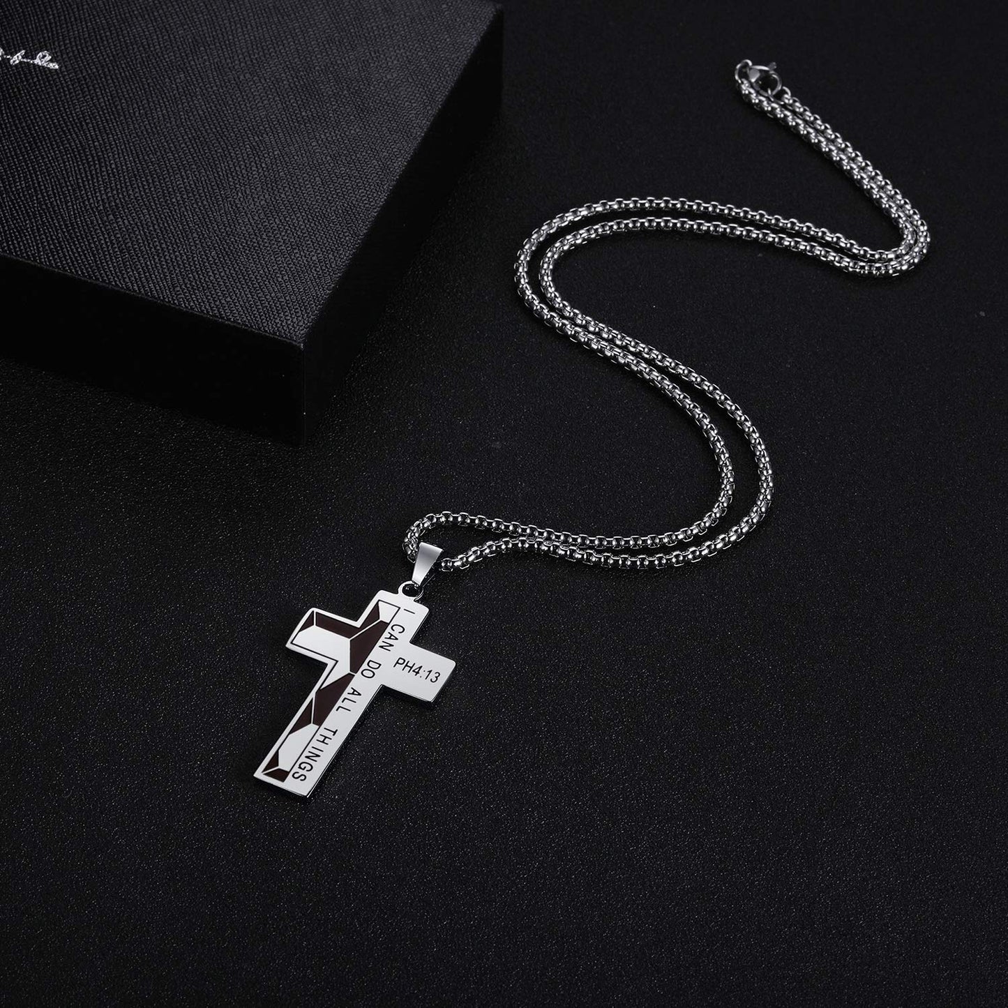 Soccer Cross Necklace for Men Bible Verse I CAN DO All Things Stainless Steel Sport Pendant for Men(Silver)