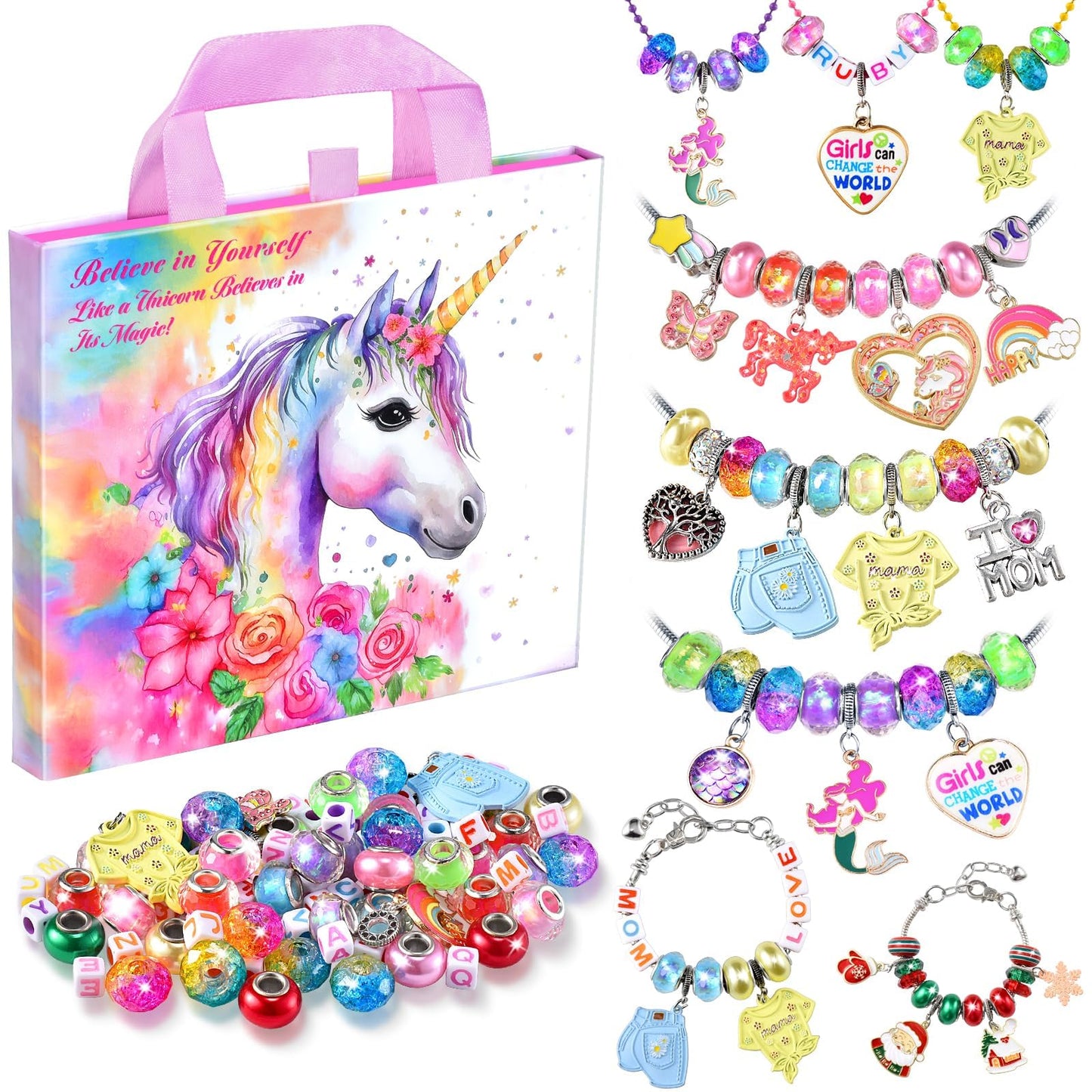 Kit para hacer pulseras con dijes para niñas: kit para hacer joyas con unicornios, kit para manualidades, kit para hacer pulseras con dijes, regalos creativos de cumpleaños para niñas de 6, 7, 8, 9, 10, 11 y 12 años, juguetes para niñas pequeñas