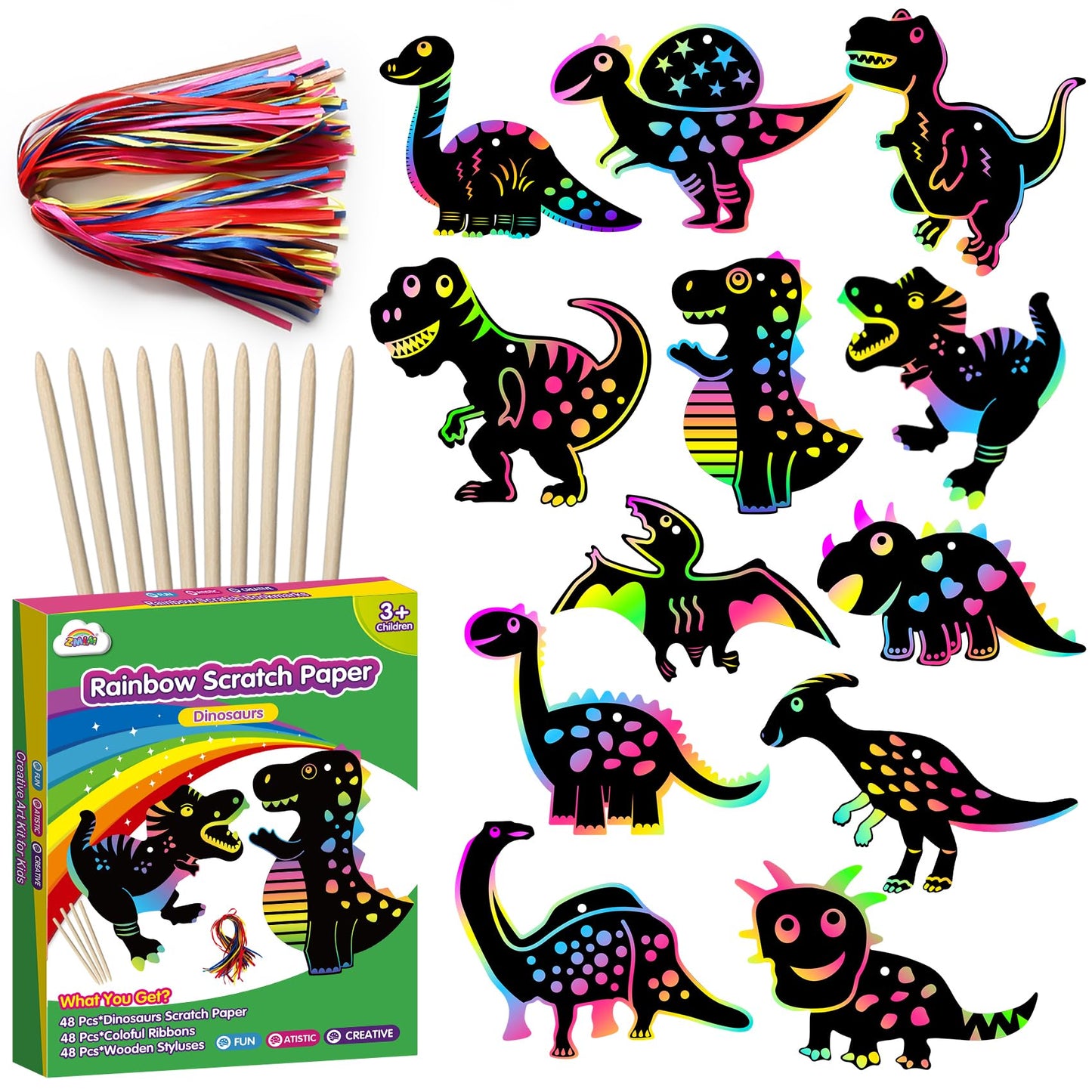 ZMLM Dinosaurs Art & Craft Activity - 48 Pcs Rainbow Scratch Paper Set Craft & DIY Party Favor Games Supplies Gifts for Girls & Boys Ages 4 5 6 7 8 9 for Easter Halloween Christmas Birthday