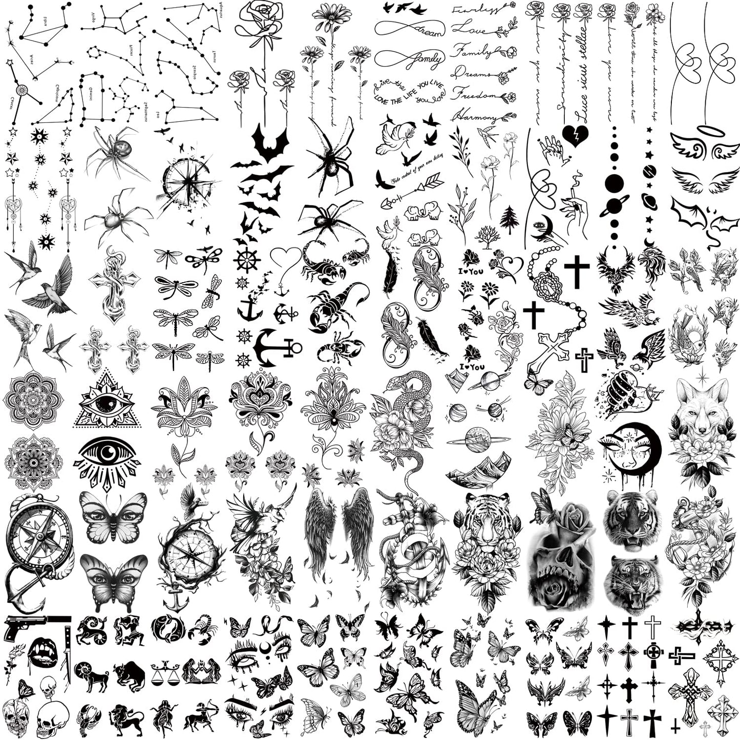 77 feuilles de tatouage temporaire, demi-bras réaliste lion loup hibou élan serpent papillon rose faux tatouages ​​pour filles garçons, tatouages ​​temporaires imperméables pour femmes hommes adultes poitrine épaule cou main