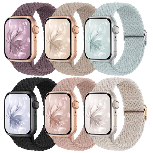 Lot de 6 bracelets tressés extensibles compatibles avec Apple Watch 38 mm, 40 mm, 41 mm, 42 mm, 44 mm, 45 mm, 46 mm, 49 mm, pour femmes et hommes, sangles élastiques réglables en nylon pour iWatch Series 10 9 8 7 6 5 4 3 SE Ultra